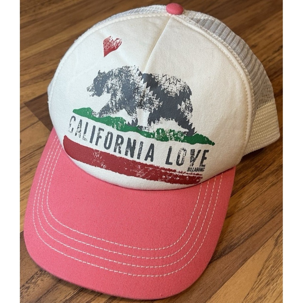Billabong California Love Trucker Hat Pink White Bear Mesh Snapback Women Cap OS
